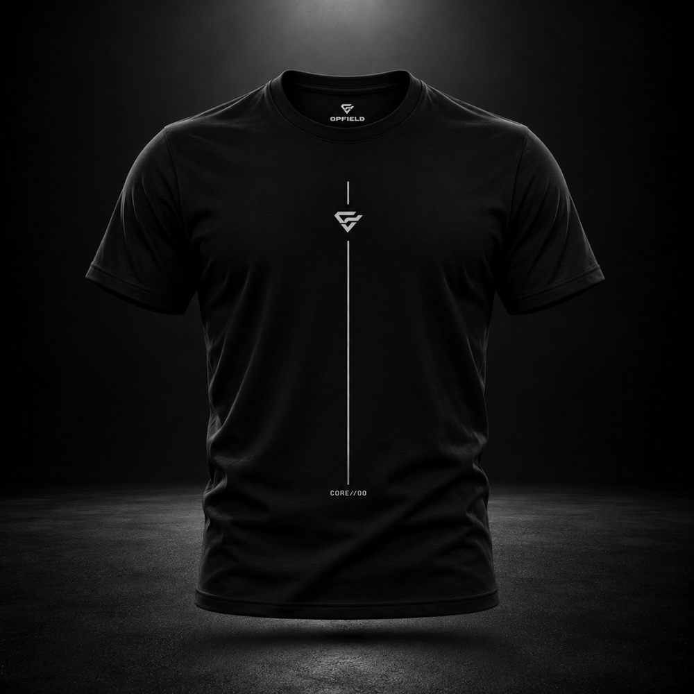 OPFIELD AXIS TEE black men's T-shirt, front view with minimalist vertical graphic. #color_black
