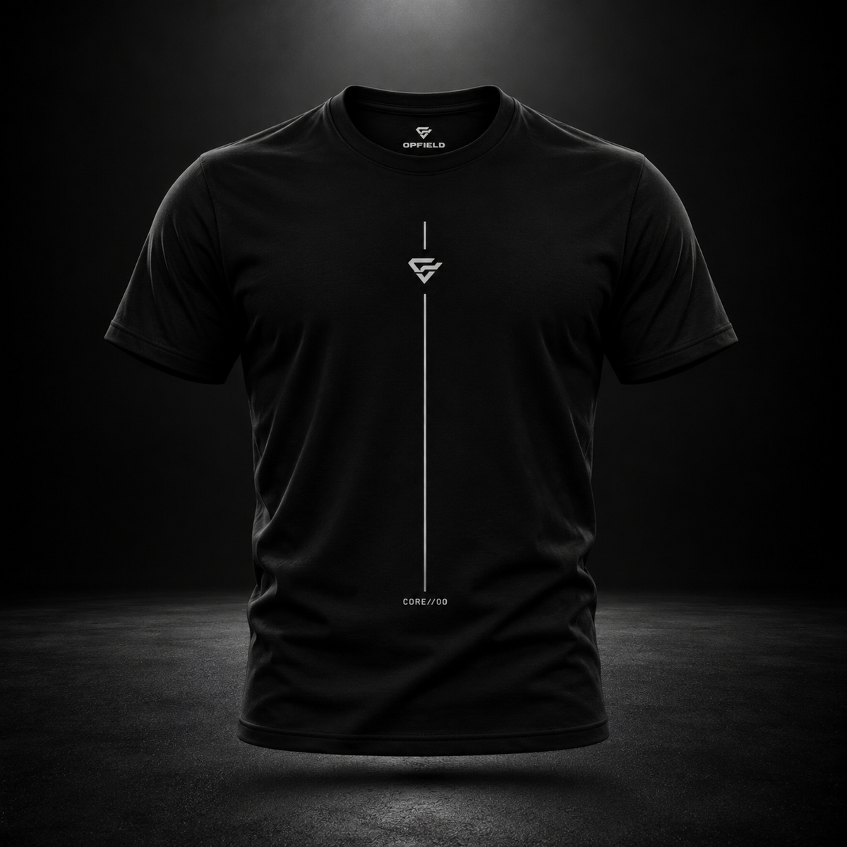 OPFIELD AXIS TEE black men's T-shirt, front view with minimalist vertical graphic. #color_black