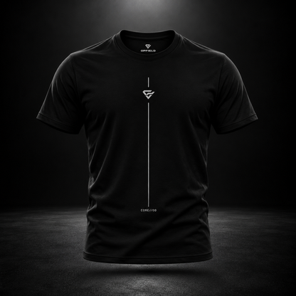 OPFIELD AXIS TEE black men's T-shirt, front view with minimalist vertical graphic. #color_black