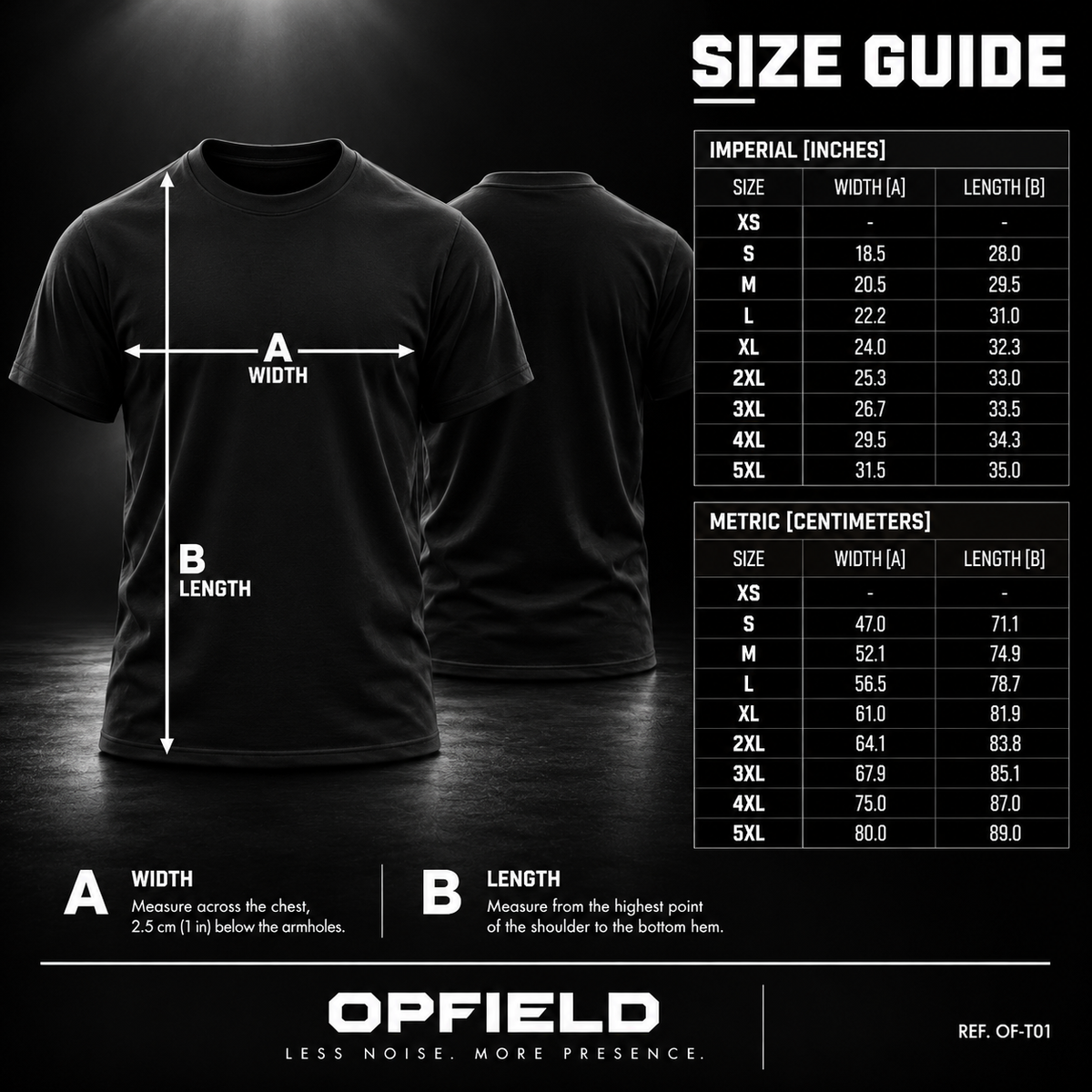 OPFIELD AXIS TEE size guide with measurements in inches and centimeters. #color_black #color_white