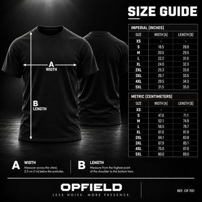 OPFIELD AXIS TEE size guide with measurements in inches and centimeters. #color_black #color_white