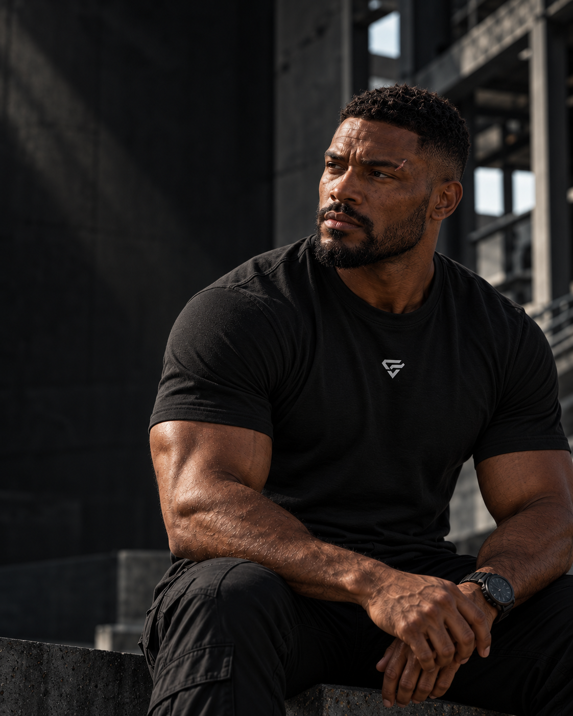 OPFIELD model in a black T-shirt in an industrial setting