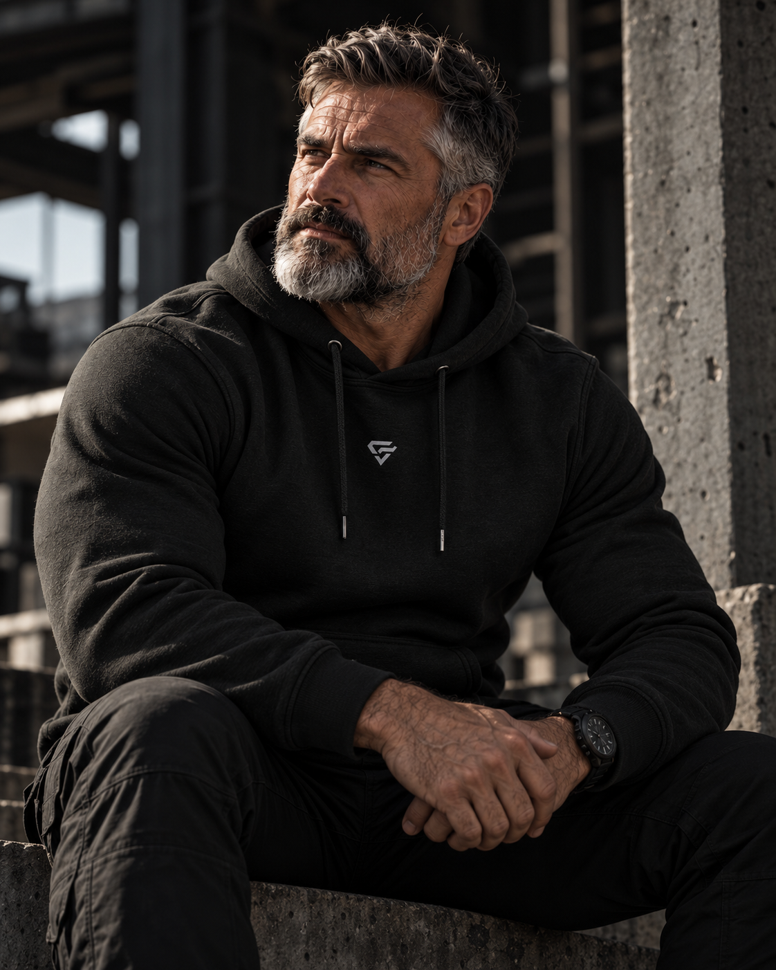 OPFIELD model wearing a black hoodie